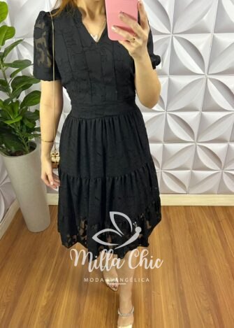 Milla Chic - millachic com br vestido chiffon devore midi estampado leticia preto 1 Vestido Chiffon Devore Mídi Estampado Leticia - Preto - Milla Chic