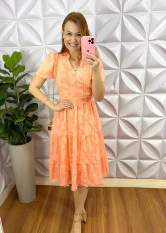 Vestido Chiffon Devore Mídi Estampado Leticia - Salmão - Milla Chic
