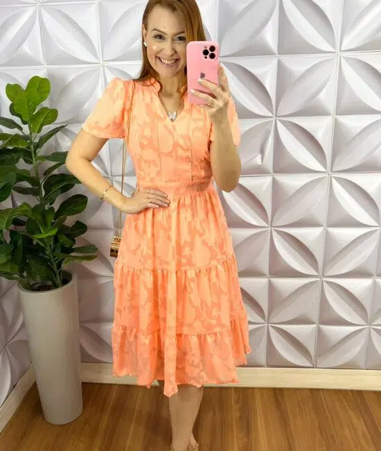 Vestido Chiffon Devore Mídi Estampado Leticia - Salmão - Milla Chic