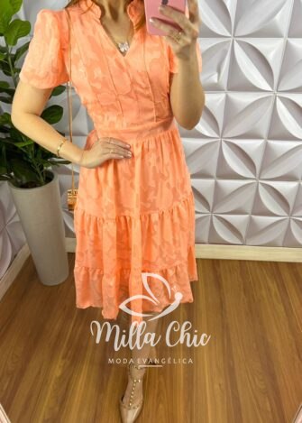 Vestido Chiffon Devore Mídi Estampado Leticia - Salmão - Milla Chic