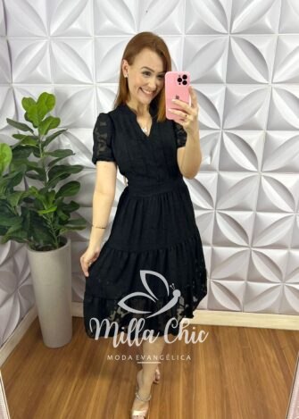 Vestido Chiffon Devore Mídi Estampado Leticia - Preto - Milla Chic