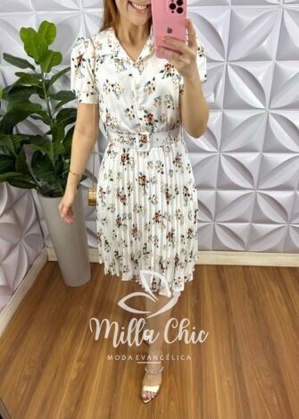 Vestido Crepe Alfaiataria Com Saia Plissada Estampado Aurora - Branco - Milla Chic