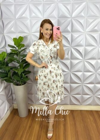 Vestido Crepe Alfaiataria Com Saia Plissada Estampado Aurora - Branco - Milla Chic