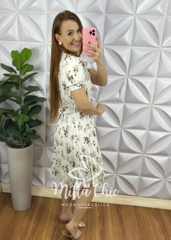 Vestido Crepe Alfaiataria Com Saia Plissada Estampado Aurora - Branco - Milla Chic