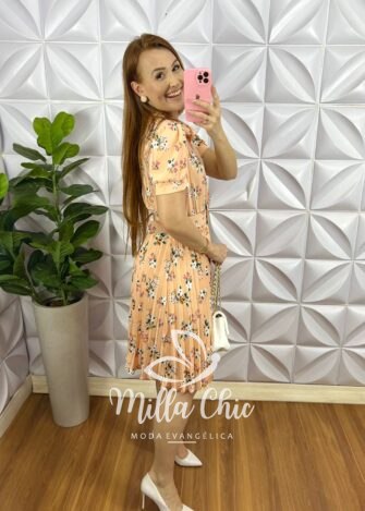 Vestido Crepe Alfaiataria Com Saia Plissada Estampado Aurora - Pêssego - Milla Chic