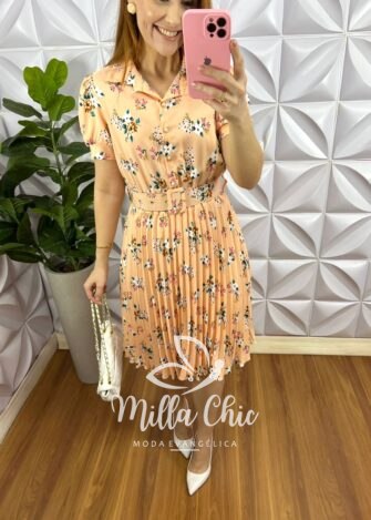 Vestido Crepe Alfaiataria Com Saia Plissada Estampado Aurora - Pêssego - Milla Chic