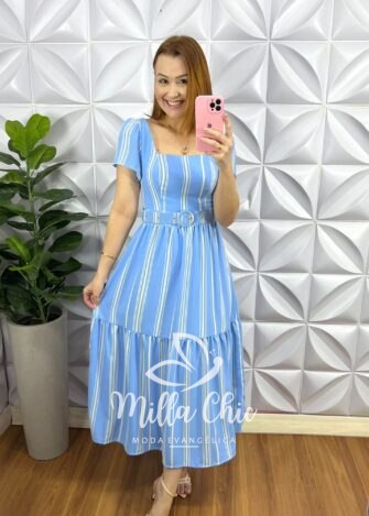 Vestido Crepe Alfaiataria Longo Cinto Encapado Julia - Azul - Milla Chic