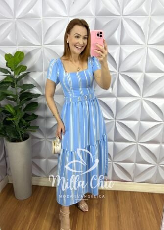 Vestido Crepe Alfaiataria Longo Cinto Encapado Julia - Azul - Milla Chic