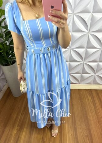 Vestido Crepe Alfaiataria Longo Cinto Encapado Julia - Azul - Milla Chic