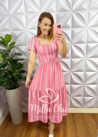 Vestido Crepe Alfaiataria Longo Cinto Encapado Julia - Rosa - Milla Chic