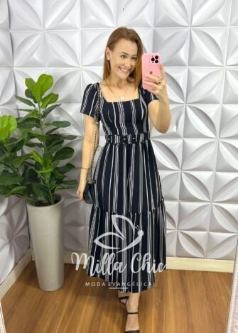 Vestido Crepe Alfaiataria Longo Cinto Encapado Julia - Preto - Milla Chic