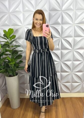 Vestido Crepe Alfaiataria Longo Cinto Encapado Julia - Preto - Milla Chic