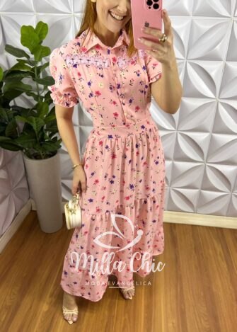 Vestido Crepe Gloss Longo Com Botões No Busto E Guipper Ana Laura - Rosa - Milla Chic
