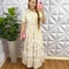 Vestido Crepe Gloss Longo Com Botões No Busto E Guipper Ana Laura - Manteiga - Milla Chic