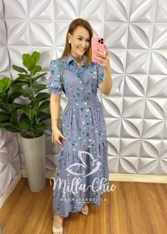 Vestido Crepe Gloss Longo Com Botões No Busto E Guipper Ana Laura - Azul - Milla Chic