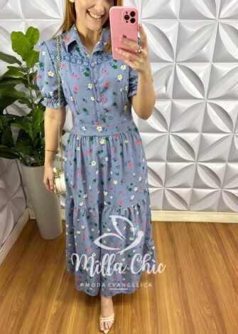 Vestido Crepe Gloss Longo Com Botões No Busto E Guipper Ana Laura - Azul - Milla Chic