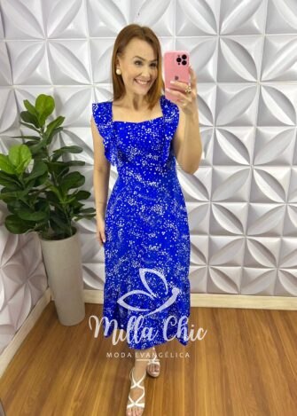Vestido Crepe Mídi Manga Babadinho Mika - Azul - Milla Chic