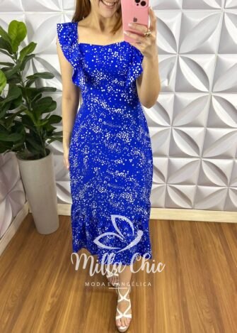 Vestido Crepe Mídi Manga Babadinho Mika - Azul - Milla Chic