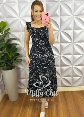 Vestido Crepe Mídi Manga Babadinho Mika - Preto - Milla Chic