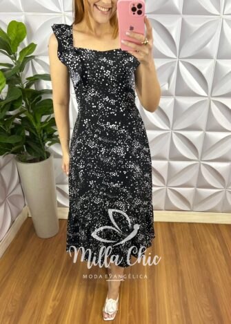 Vestido Crepe Mídi Manga Babadinho Mika - Preto - Milla Chic