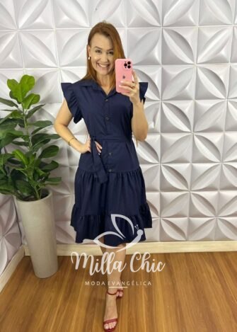 Vestido Crepinho Oversized Manga Babadinho Geysa - Azul - Milla Chic