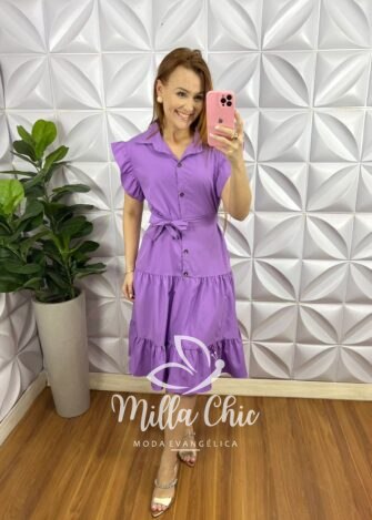 Vestido Crepinho Oversized Manga Babadinho Geysa - Lavanda - Milla Chic