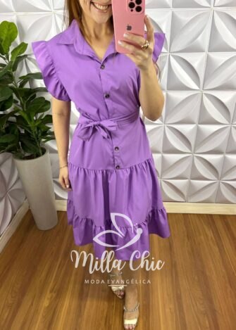 Vestido Crepinho Oversized Manga Babadinho Geysa - Lavanda - Milla Chic