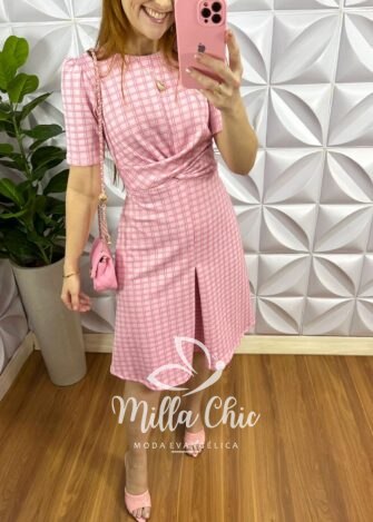 Vestido Jaccar Com Torção No Busto Lanna - Rosa - Milla Chic
