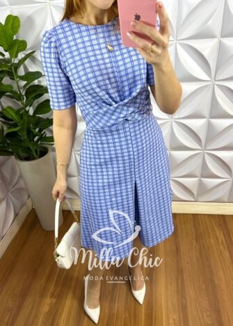 Vestido Jaccar Com Torção No Busto Lanna - Azul - Milla Chic