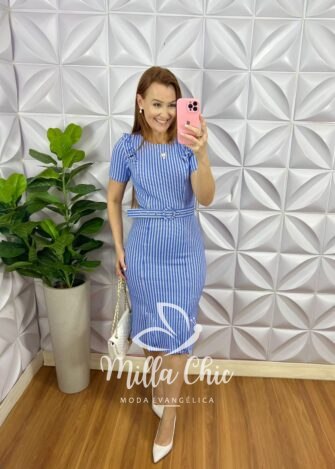 Vestido Jaccar Tubinho Com Cinto Encapado Thais - Azul - Milla Chic