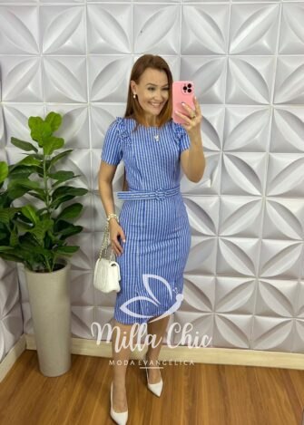 Vestido Jaccar Tubinho Com Cinto Encapado Thais - Azul - Milla Chic