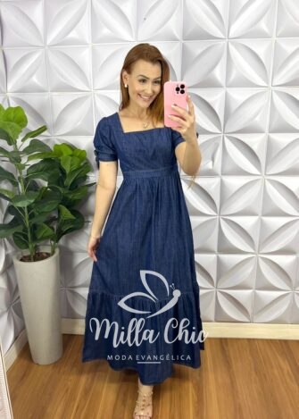 Vestido Jeans Longo Com Manga Princesa Jaqueline - Azul - Milla Chic
