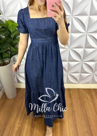 Vestido Jeans Longo Com Manga Princesa Jaqueline - Azul - Milla Chic