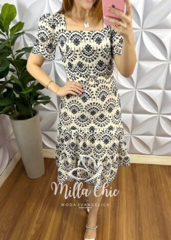 Vestido Laise Bordado Cinto Encapado Com Zíper Celeste - Areia Com Azul - Milla Chic