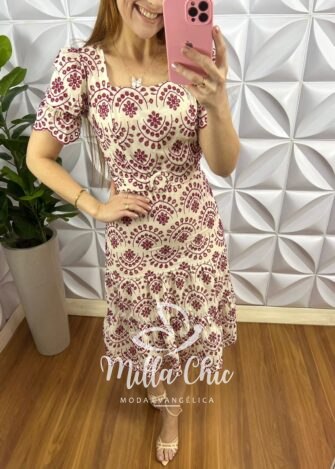 Vestido Laise Bordado Cinto Encapado Com Zíper Celeste - Areia Com Cherry - Milla Chic