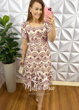 Vestido Laise Bordado Cinto Encapado Com Zíper Celeste - Areia Com Cherry - Milla Chic