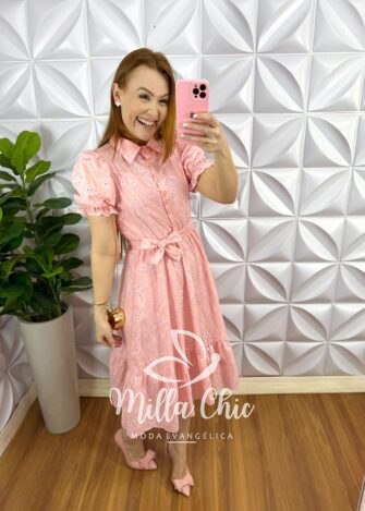 Vestido Laise Bordado Manga Princesa Mídi Forro Avulso Kely - Rosa Ballet - Milla Chic