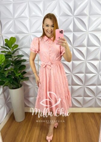 Vestido Laise Bordado Manga Princesa Mídi Forro Avulso Kely - Rosa Ballet - Milla Chic