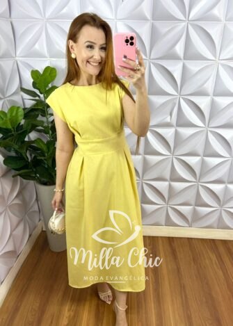 Vestido Linhão Mídi Com Pregas E Lastex Luna - Manteiga - Milla Chic