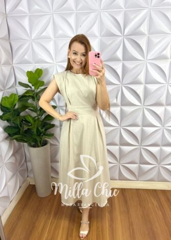 Vestido Linhão Mídi Com Pregas E Lastex Luna - Areia - Milla Chic