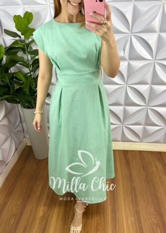 Vestido Linhão Mídi Com Pregas E Lastex Luna - Verde Menta - Milla Chic