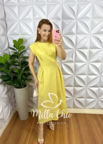 Vestido Linhão Mídi Com Pregas E Lastex Luna - Manteiga - Milla Chic