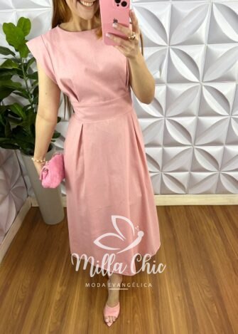Vestido Linhão Mídi Com Pregas E Lastex Luna - Rosa Balé - Milla Chic