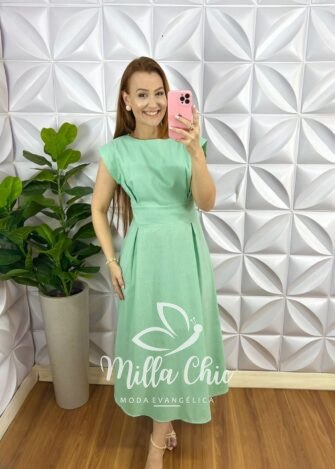 Vestido Linhão Mídi Com Pregas E Lastex Luna - Verde Menta - Milla Chic