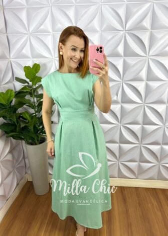 Vestido Linhão Mídi Com Pregas E Lastex Luna - Verde Menta - Milla Chic