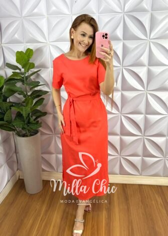 Vestido Linho Reto Midi Com Fenda Lateral Rose - Aperol - Milla Chic