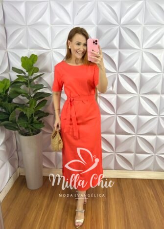 Vestido Linho Reto Midi Com Fenda Lateral Rose - Aperol - Milla Chic