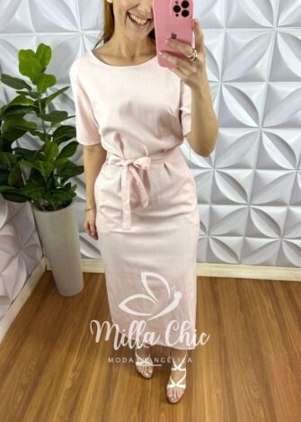 Vestido Linho Reto Midi Com Fenda Lateral Rose - Rosa Pó - Milla Chic
