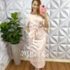 Vestido Linho Reto Midi Com Fenda Lateral Rose - Rosa Pó - Milla Chic