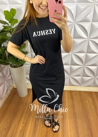 Vestido Malha 100% Algodão Com Escrita Yeshua - Preto - Milla Chic